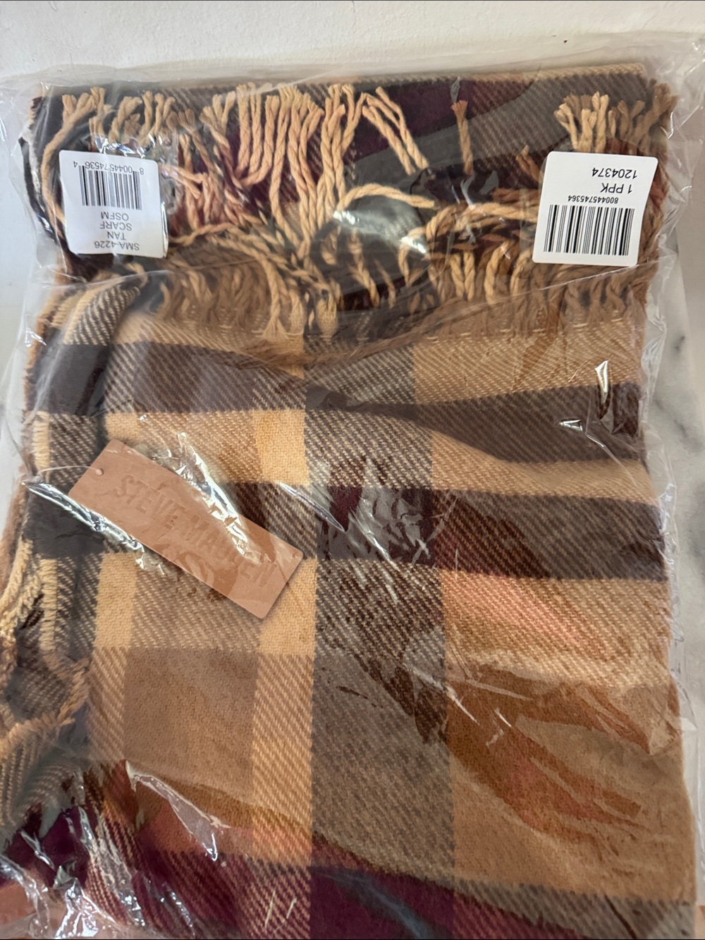 Steve Madden Plaid Fringe Scarf in Brown, Tan and Cream